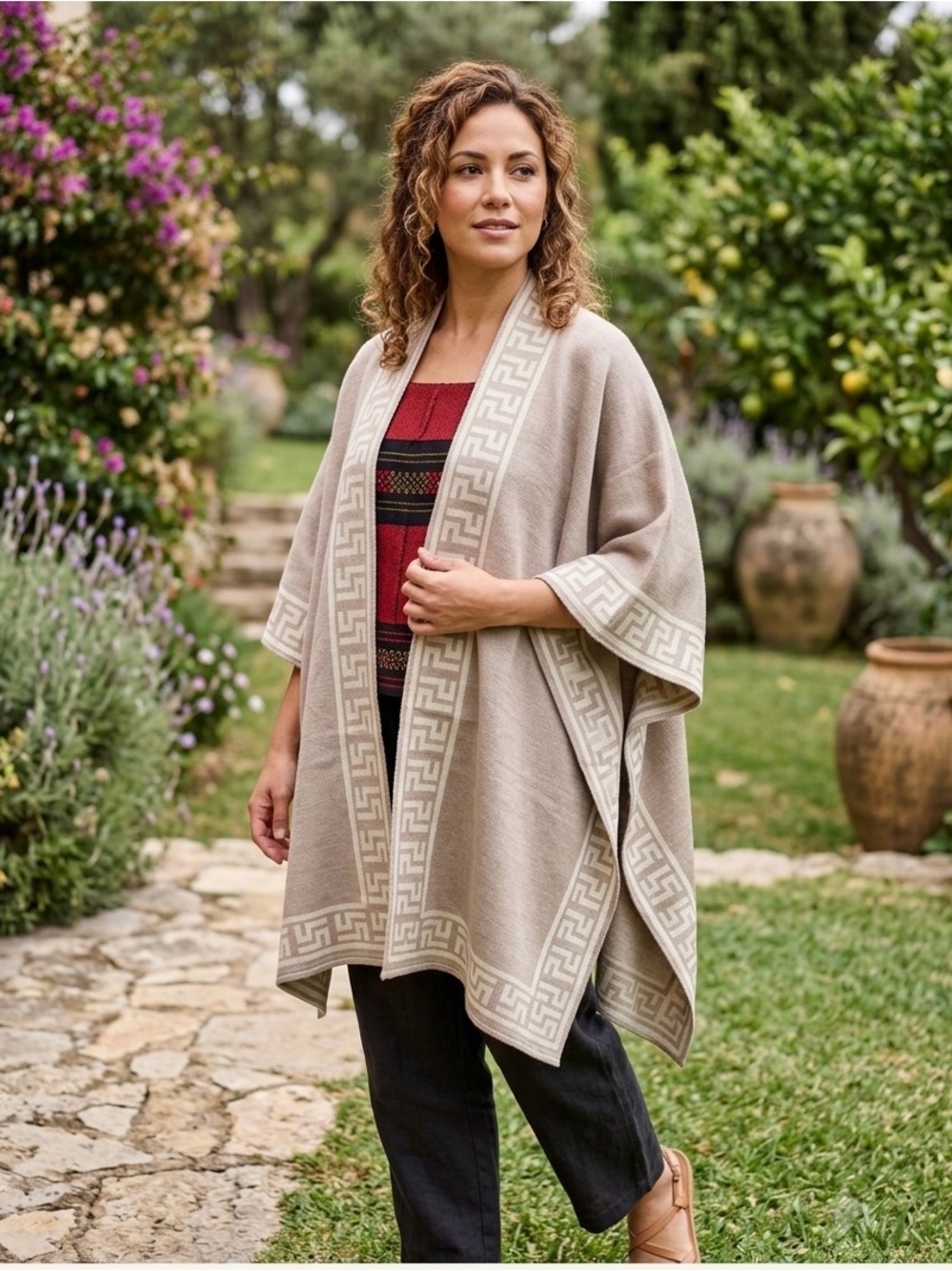 Hand Crafted Taupe and Cream Geometric Knit cape